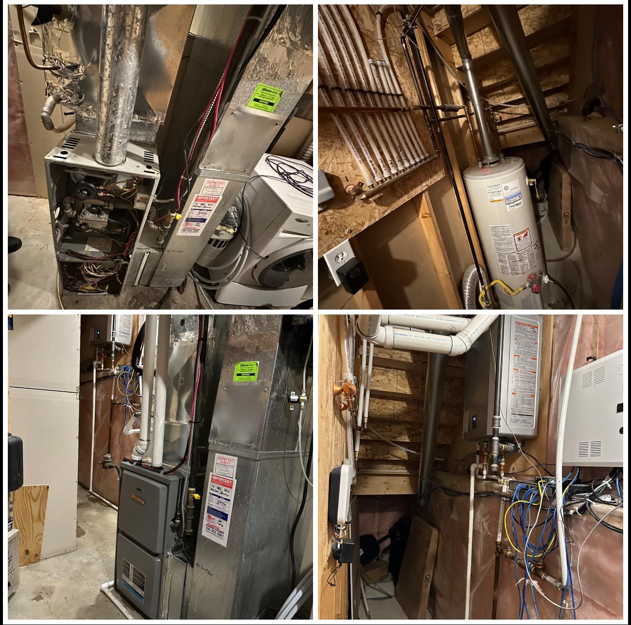 Four images showing HVAC system components, ductwork, water heater, pipes, and wiring in a basement room.