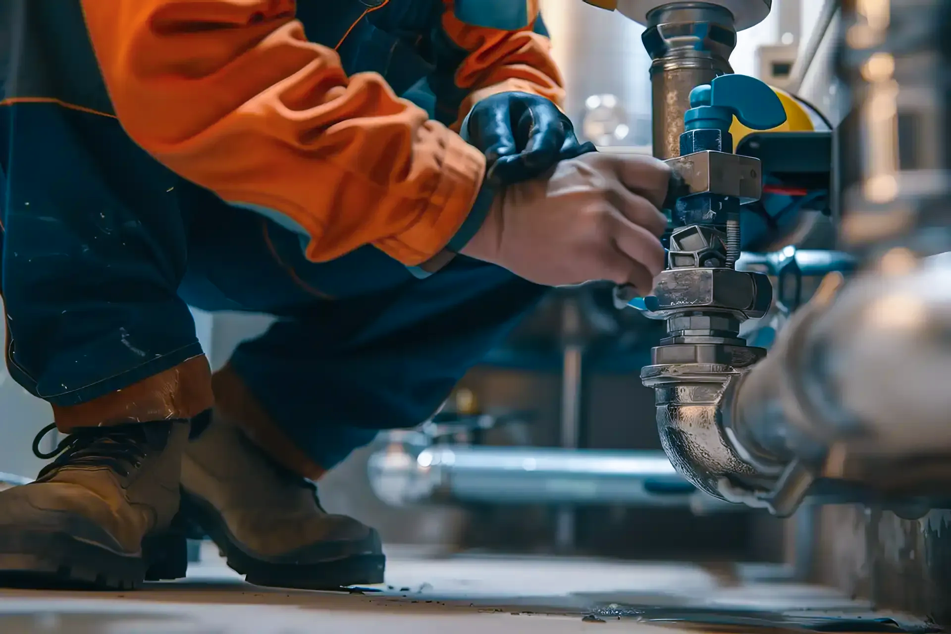 Worker in boots and orange workwear fixing a metal pipe valve under a sink or machinery.