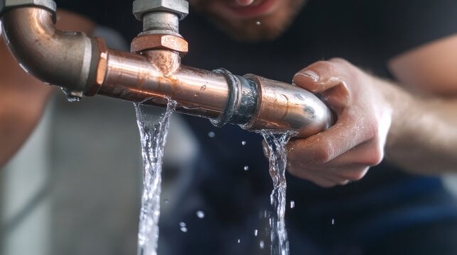 Person holding a leaking copper pipe with water streaming from two separate cracks.