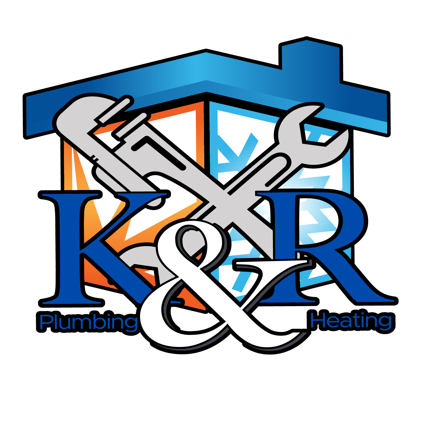 Logo with a house, crossed wrench and pliers, and text K&R Plumbing & Heating.