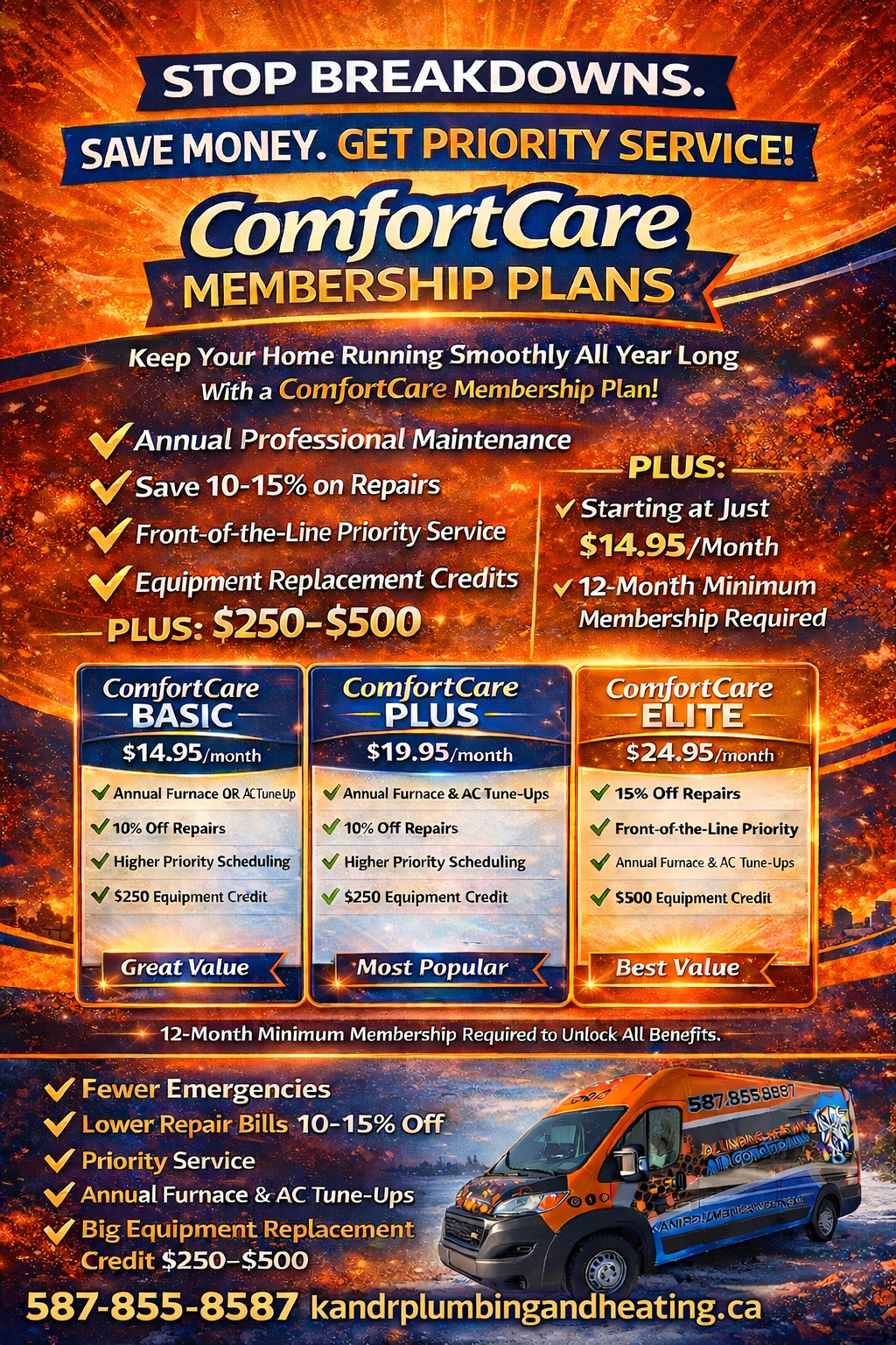 ComfortCare membership plans offering priority service, repair discounts, and maintenance starting at $14.95/month.