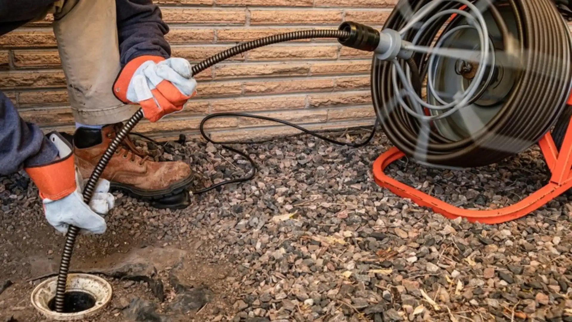 Person wearing gloves feeding a coiled drain snake into an outdoor drain pipe surrounded by gravel.