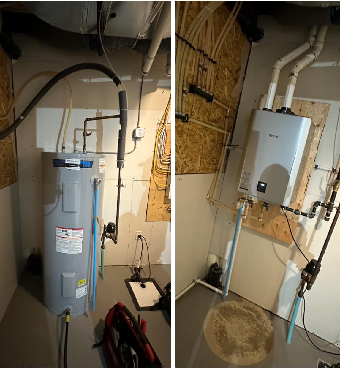 Side-by-side comparison of a large traditional water heater and a modern tankless water heater installed indoors.