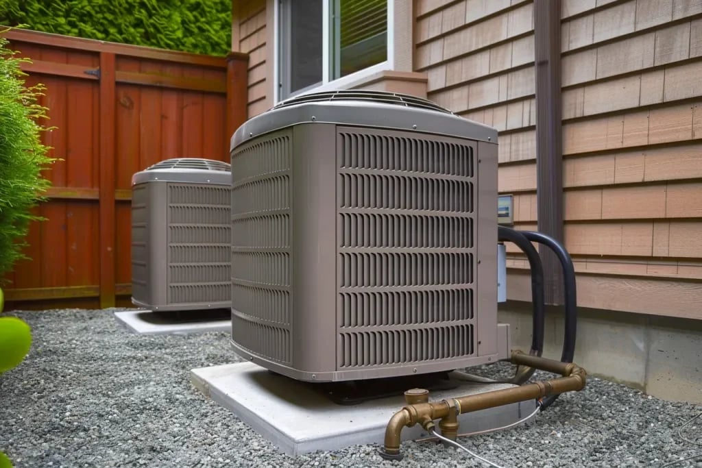 Two outdoor air conditioning units installed on concrete slabs beside a house with wooden siding.
