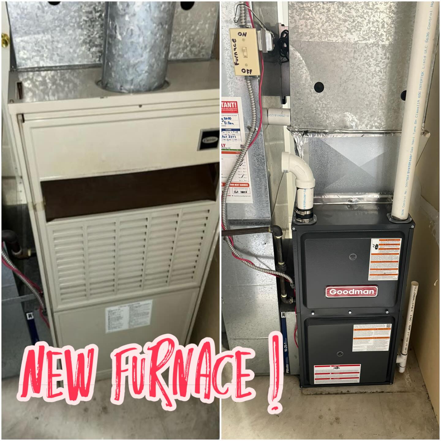 Side-by-side comparison of old beige furnace and new black Goodman furnace installed in a utility room.