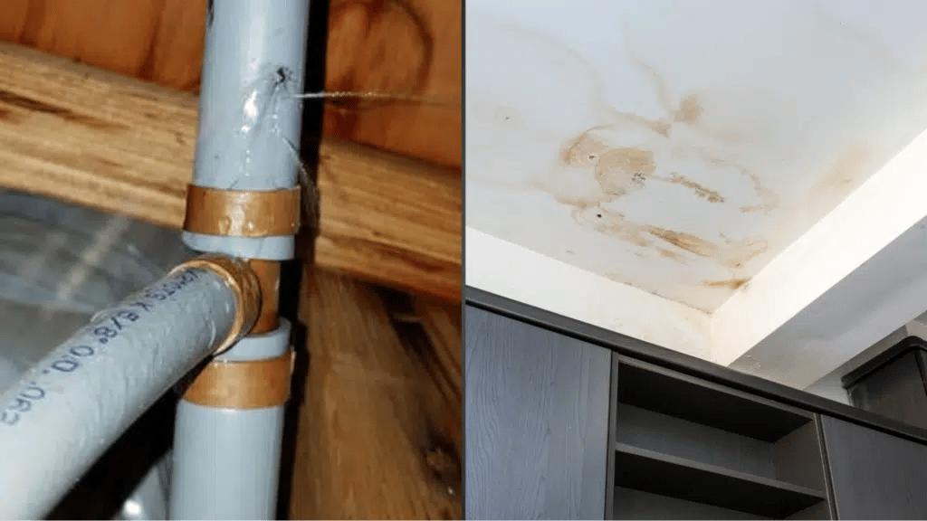 Leaking pipe joints causing water damage and staining on a ceiling inside a room.