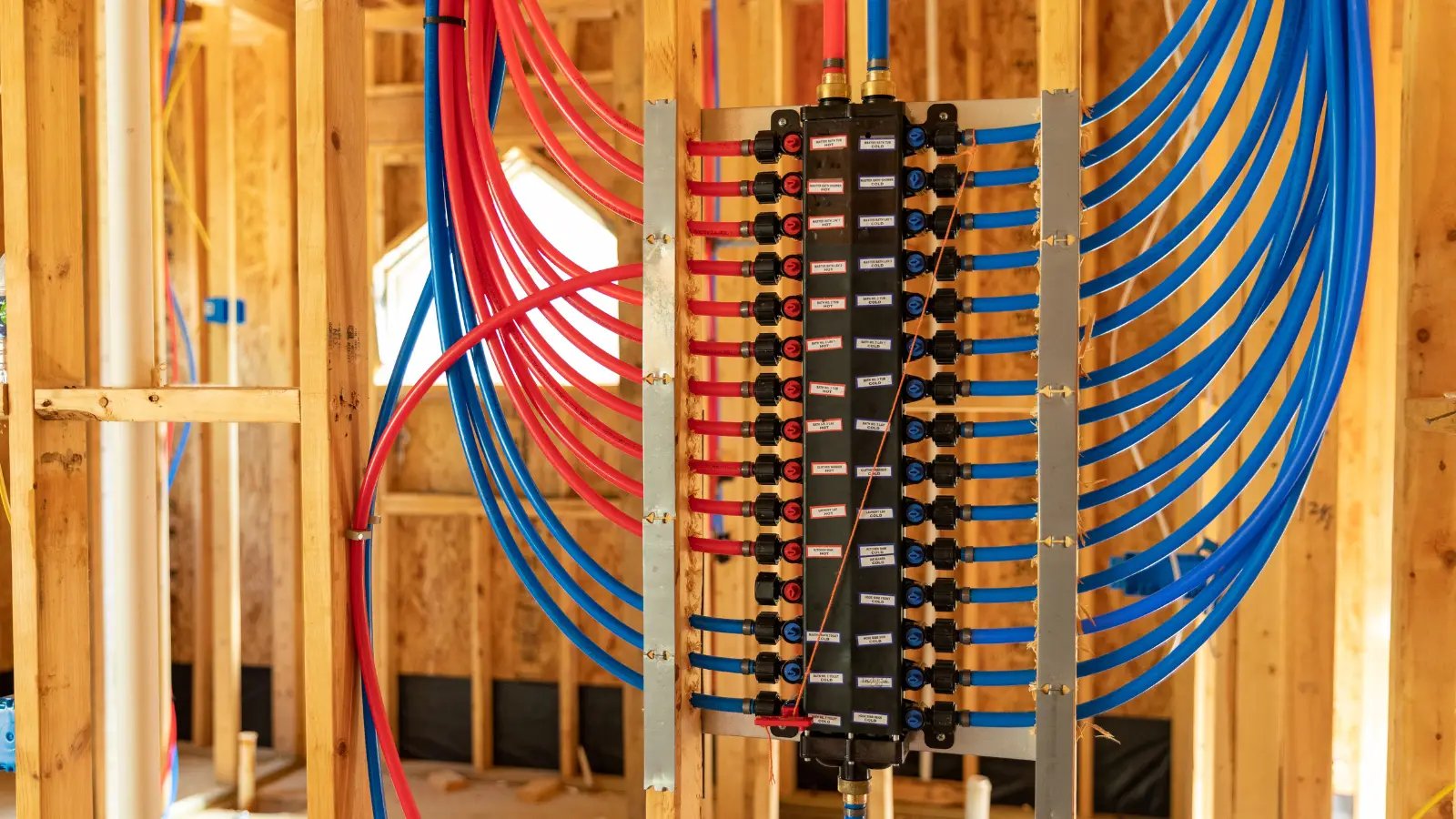 Red and blue PEX pipes connected to a manifold in wooden-framed interior under construction.